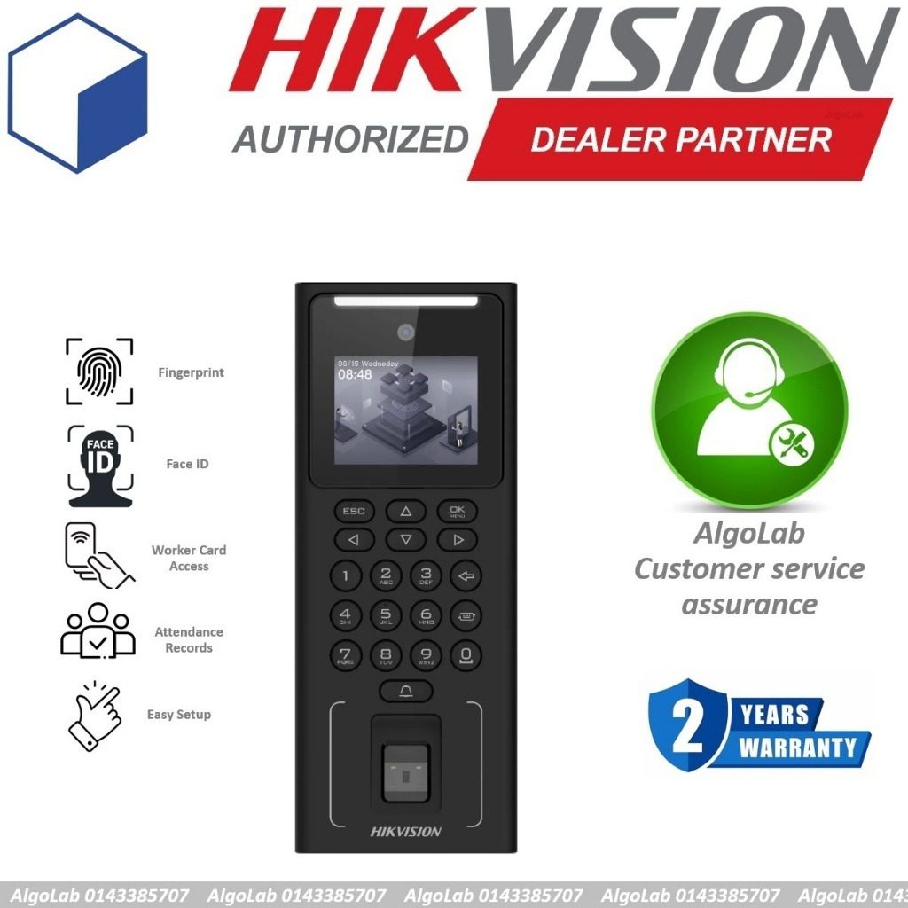 "TERMINAL DE ACCESO Y BIOMETRIA| INTERIOR |SOPORTA ROSTRO (500) HUELLA (3000) - TARJETA(3000)(MF) - PIN |100,000 EVENTOS |TCP/IP | SOPORTA HIK-CONNECT |PANTALLA 2,4"" | 12VDC "