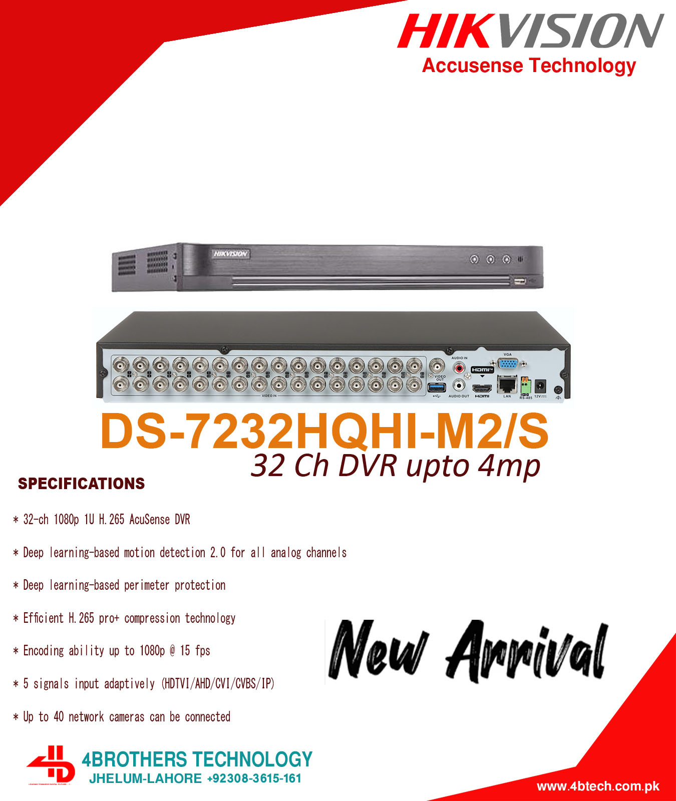 (Audio Bidireccional) DVR 32 Canales TurboHD + 8 Canales IP / 5 Megapixel Lite - 3K Lite / Acusense / Reconocimiento Facial / Audio por Coaxitron / 2 Bahías de Disco Duro / H.265+ / Salida de Video en Full HD